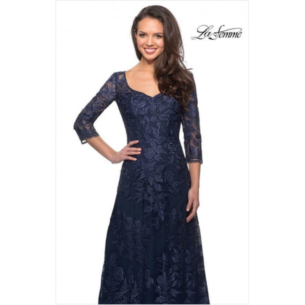 La Femme Navy Blue Lace Maxi Dress with Three-Quarter Sleeves